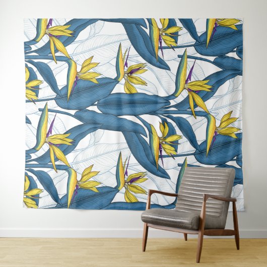 Tenture Oiseau de fleurs de paradis sur blanc (En situation (horizontale))