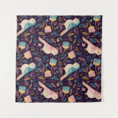 Tenture Oiseaux bleus et roses avec fleurs et feuilles sur (Devant (Horizontal))