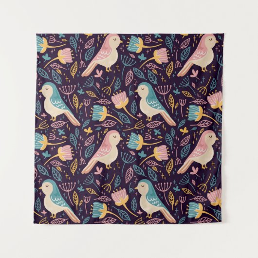 Tenture Oiseaux bleus et roses avec fleurs et feuilles sur (Devant)