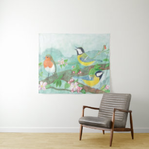Tenture Oiseaux chantant sur une branche d'arbre en fleurs