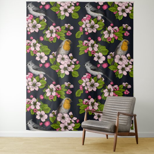 Tenture Oiseaux et fleurs en noir (En situation)