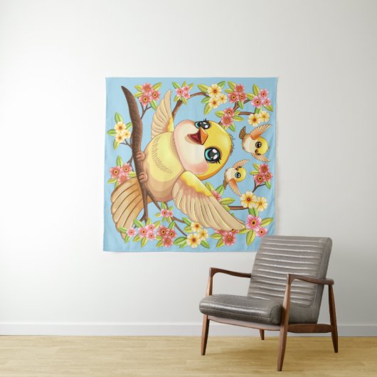 Tenture Oiseaux mignons et heureux parmi les fleurs du pri (En situation (horizontale))