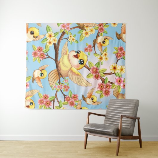 Tenture Oiseaux mignons et heureux parmi les fleurs du pri (En situation (horizontale))