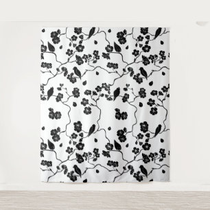 Tenture Oiseaux Motifs noirs et blancs sur les fleurs de c