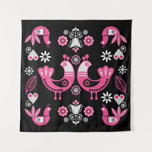 Tenture Oiseaux roses et blancs du folklore scandinave (Devant)
