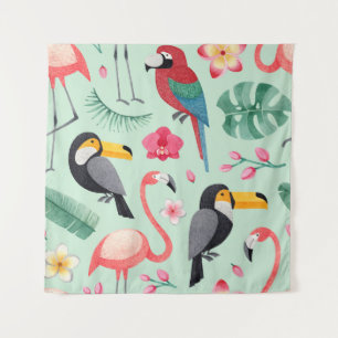 Tenture Oiseaux tropicaux, fleurs, motif d'aquarelle.