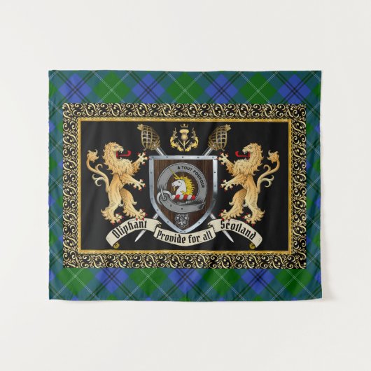 Tenture Oliphant Clan Badge & Motto avec Lions (Devant (Horizontal))
