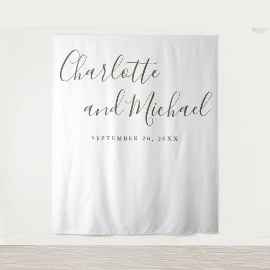 Tenture Olive Green Script Mariage Photo Booth fond (Devant)