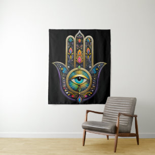 Tenture Or noir coloré Hamsa avec troisième œil turquoise