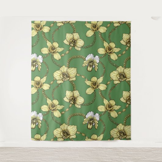 Tenture Orchidées et chaînes, jaune et vert kelly (Devant)
