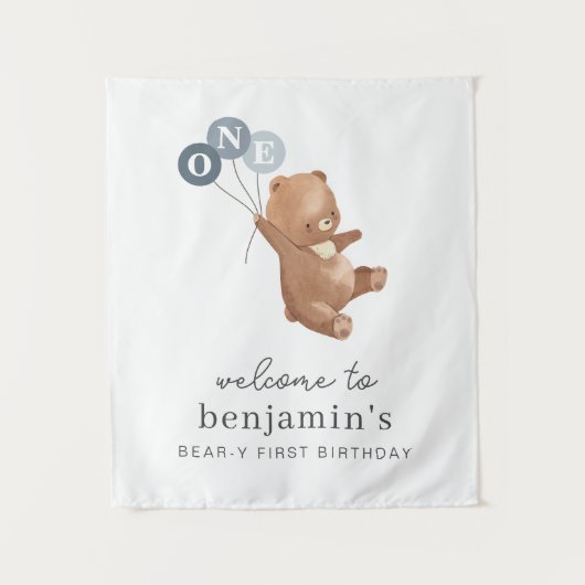 Tenture Ours avec panneau de bienvenue à 3 ballons bleus (Devant)