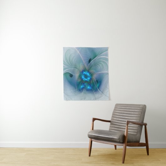 Tenture Ovations debout, Fractale abstraite bleu turquoise (En situation)