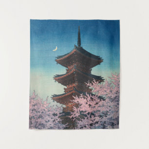 Tenture Pagode de printemps japonaise vintage sur une soir