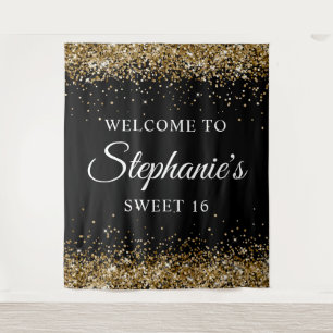 Tenture Paillettes dorées et Bienvenue à Sweet 16 noir
