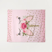 Tenture Paillettes dorées et licorne à fleurs roses tendan (Devant (Horizontal))