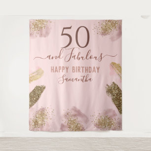 Tenture Paillettes Traits Rose Joyeux 50e Anniversaire Ten