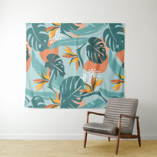 Tenture Palme tropicale feuilles hibiscus et formes motif