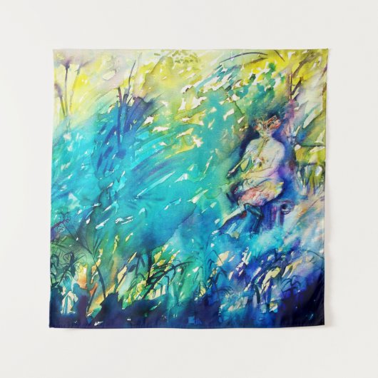 TENTURE PAN JOUER FLUTE ET CERF EN BOIS VERT (Devant (Horizontal))