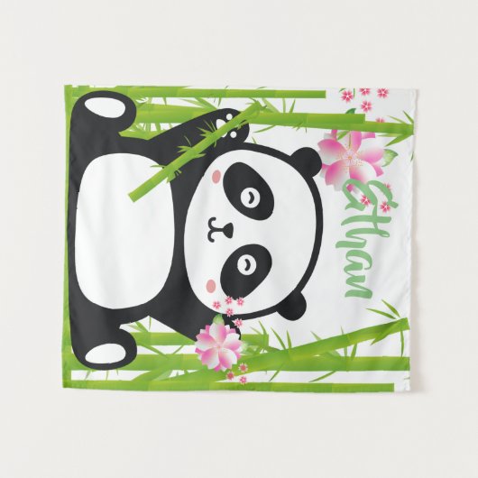 Tenture Panda heureux avec bambou et fleurs de cerisiers (Devant (Horizontal))