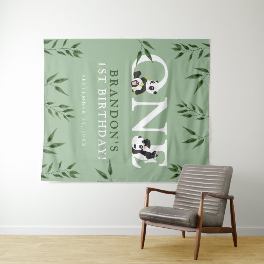 Tenture Panda Mignon & Feuillage Fond de Photo pour 1er An (En situation (horizontale))