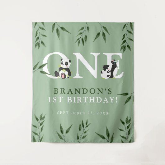 Tenture Panda Mignon & Feuillage Fond de Photo pour 1er An (Devant)