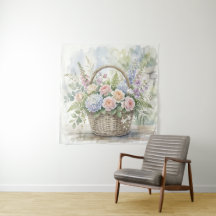 Panier floral à l'aquarelle avec roses et hortensi