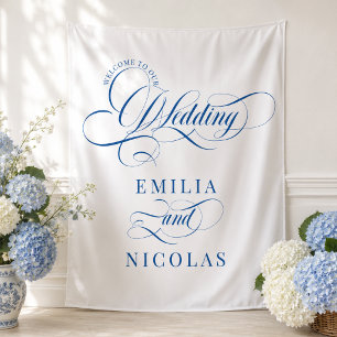 Tenture Panneau de bienvenue de mariage bleu royal et blan