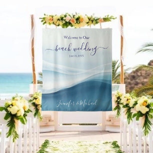 Tenture Panneau de Bienvenue de Mariage de Plage Bleu Sérè