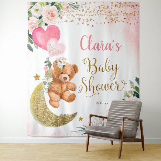 Tenture Panneau de Fête de Bébé à Ballon Ours Rose (En situation)