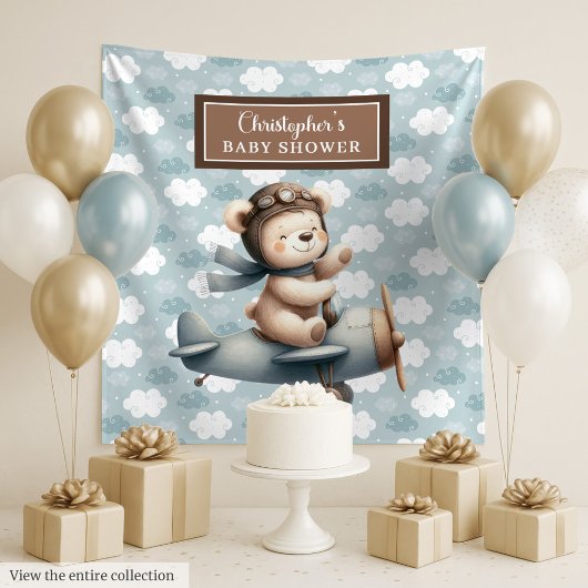 Tenture Panneau de fête pour baby shower avec un ours pilo