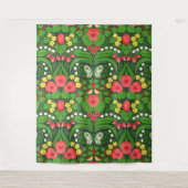 Tenture Pansies rouges, oiseaux et papillons (Devant)