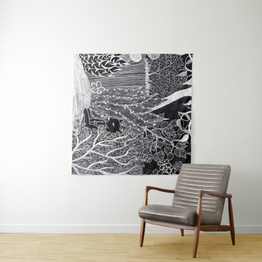 Tenture Panthère noire dans la jungle - dessin au crayon (En situation (horizontale))