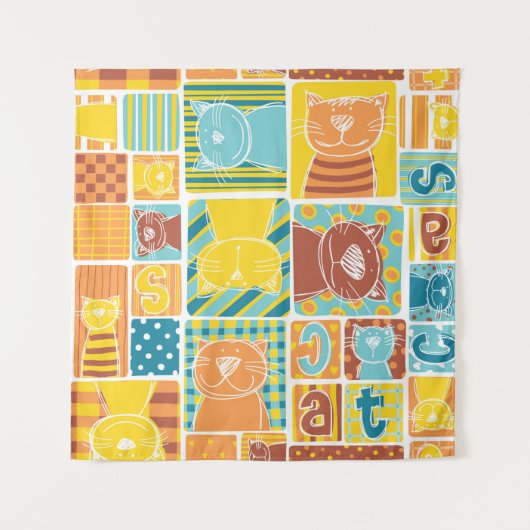 Tenture Papier peint patchwork en tissu de chat amusant, c (Devant)