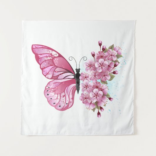 Tenture Papillon à fleurs avec Sakura rose (Devant)
