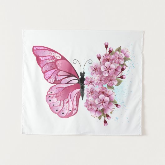 Tenture Papillon à fleurs avec Sakura rose (Devant (Horizontal))