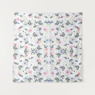 Tenture Papillon bleu et fleurs roses à l'aquarelle vintag