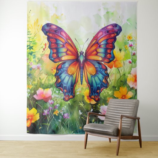 Tenture Papillon Bleu Orange ailes (En situation)