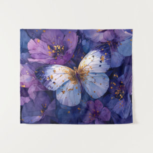 Tenture Papillon Bleu sur Fleurs Violettes