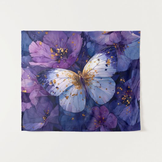 Tenture Papillon Bleu sur Fleurs Violettes (Devant (Horizontal))