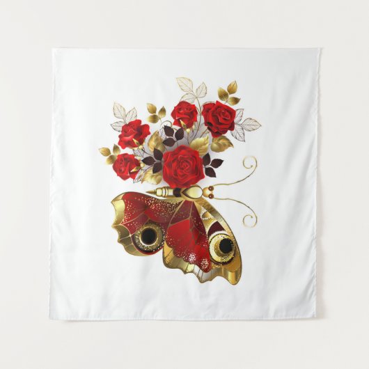 Tenture Papillon de fleurs rouges aux roses rouges (Devant (Horizontal))