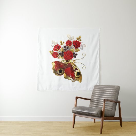 Tenture Papillon de fleurs rouges aux roses rouges (En situation (horizontale))