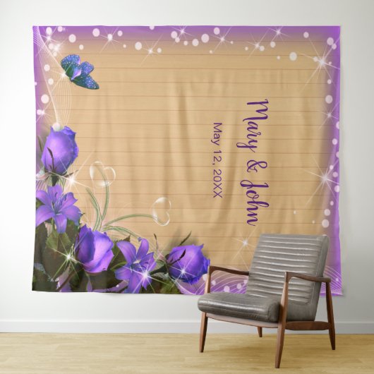 Tenture Papillon floral violet en bois rustique fond (En situation (horizontale))