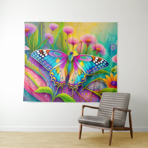 Tenture Papillon Psychédélique Coloré et Fleurs Sauvages