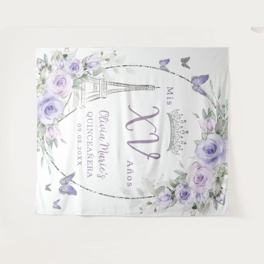 Tenture Papillons floraux pourpres Eiffel Paris Quinceañer (Devant (Horizontal))