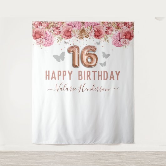 Tenture Papillons floraux rose heureux 16e anniversaire Ta (Devant)