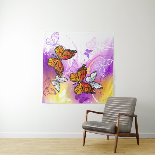 Tenture Papillons Monarque sur Arrière - plan pourpre (En situation (horizontale))