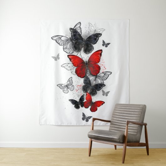 Tenture Papillons noirs et rouges volants (En situation)