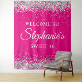 Tenture Parties scintillant Argent Hot rose Sweet 16 Anniv (En situation)