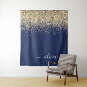 Tenture Parties scintillant Bleu de la Marine d'or Script  (En situation)