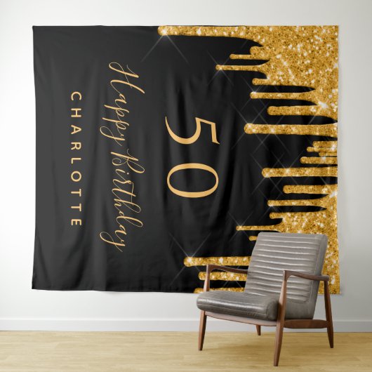 Tenture Parties scintillant d'anniversaire noir or brillan (En situation (horizontale))